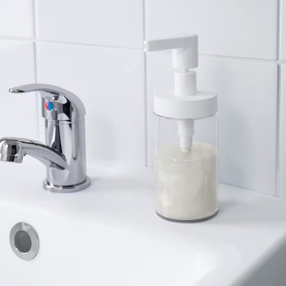 SET OF 3 - IKEA Tackan Soap Dispenser - Ivory and Glass Refillable Soap Bathroom